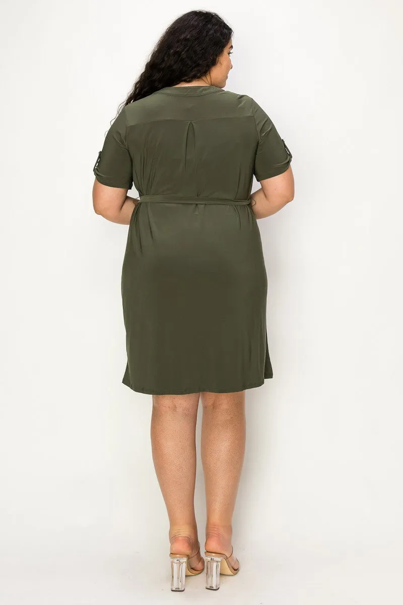 PLUS  Half Placket Front Belted Waist Utility Dress