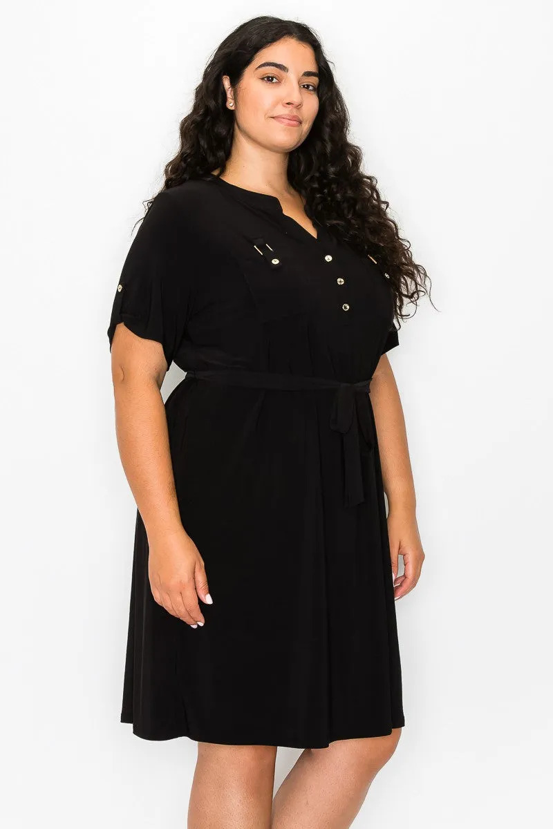 PLUS  Half Placket Front Belted Waist Utility Dress