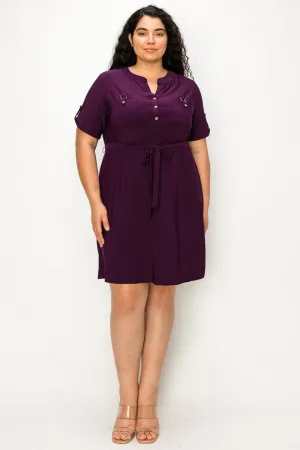 PLUS  Half Placket Front Belted Waist Utility Dress