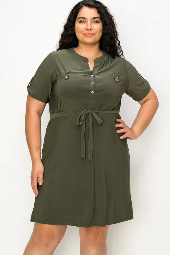 PLUS  Half Placket Front Belted Waist Utility Dress