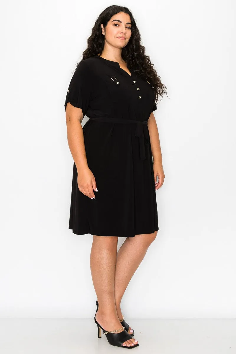 PLUS  Half Placket Front Belted Waist Utility Dress