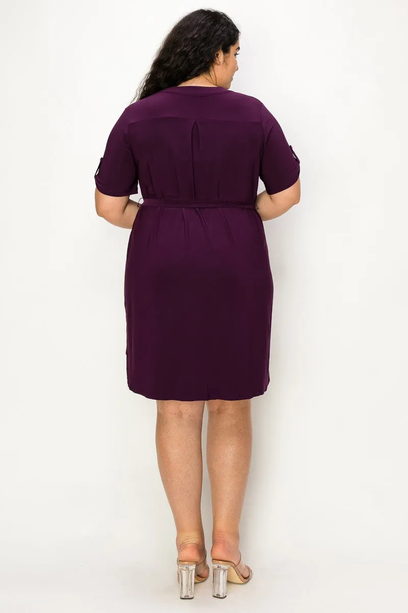 PLUS  Half Placket Front Belted Waist Utility Dress