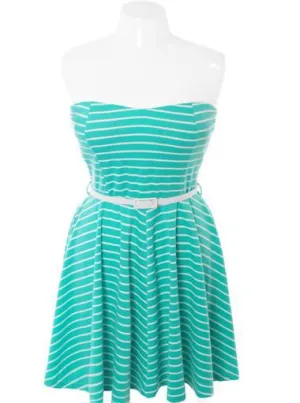 Plus Size Belted Stripe Tube Teal Dress