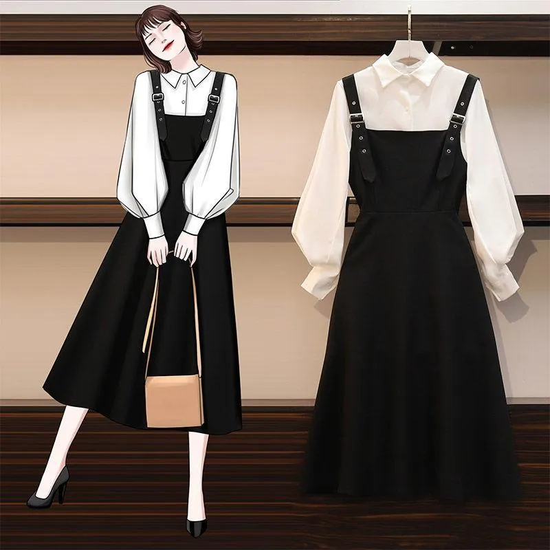 Plus Size Women's Spring and Autumn Suit Women's Fashion Shirt Cover Belly Slimming Dress Women Two-piece Suit