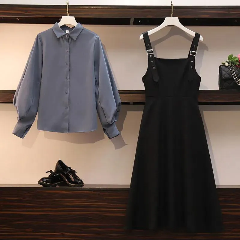 Plus Size Women's Spring and Autumn Suit Women's Fashion Shirt Cover Belly Slimming Dress Women Two-piece Suit