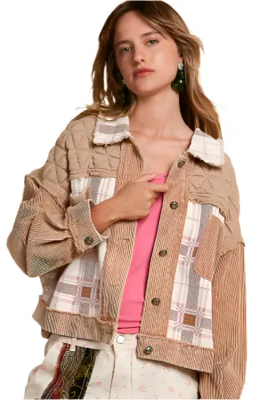 POL Corduroy Jacquard Patchwork Button Up Jacket