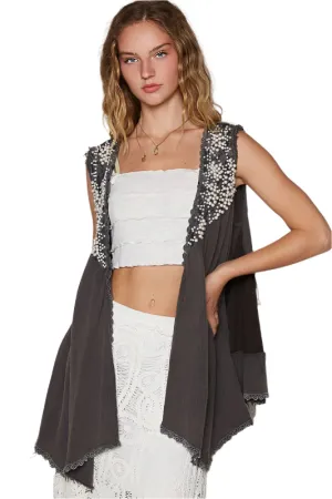 POL Embroidered Pearls Open Front Sleeveless Cardigan