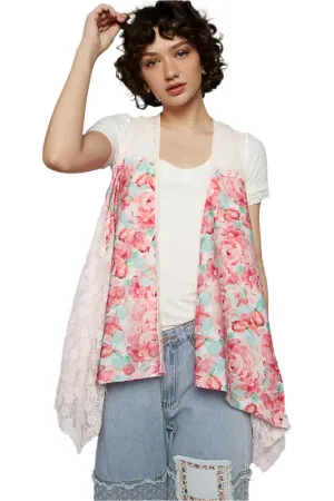 POL Lace Patchwork Floral Open Front Sleeveless Cardigan