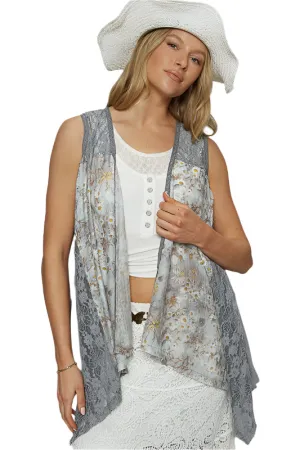 POL Lace Patchwork Floral Open Front Sleeveless Cardigan