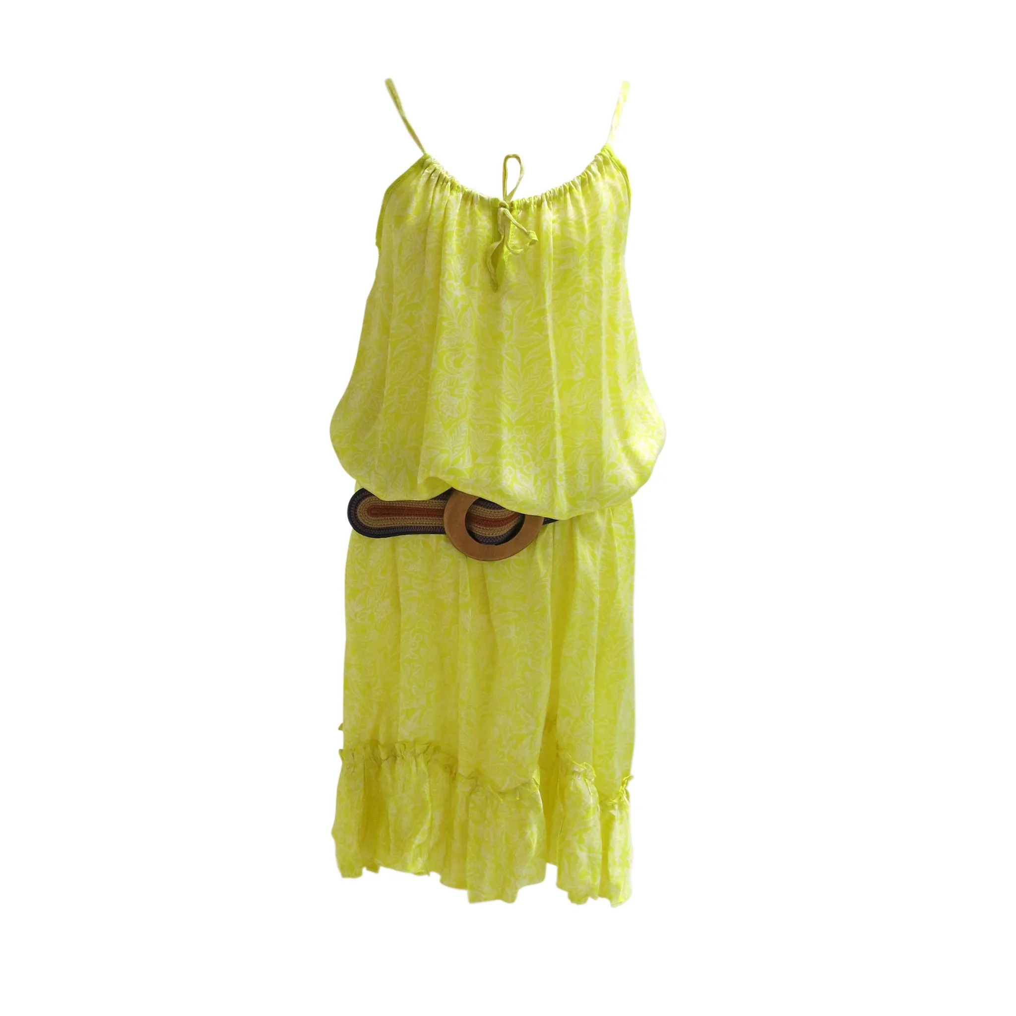 Printed Yellow Silk Spaghetti Strap Sundress