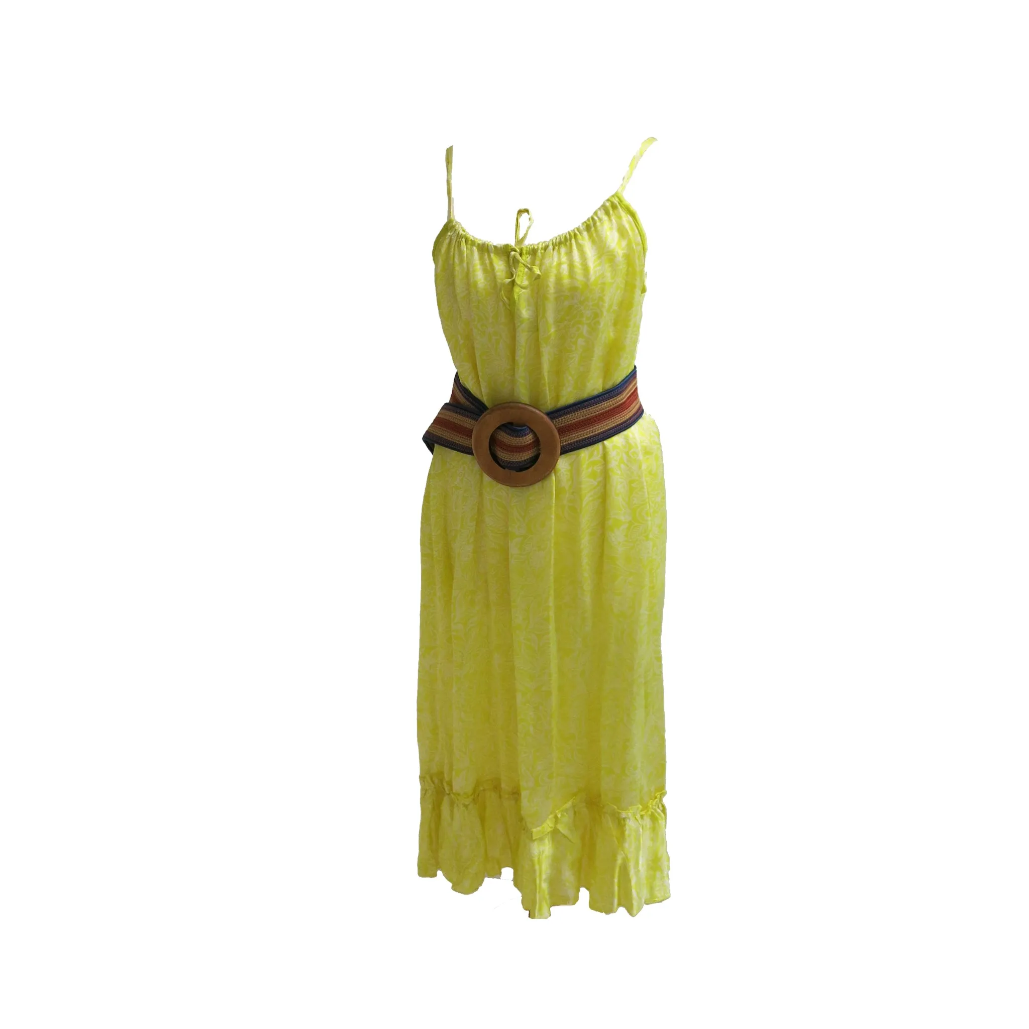 Printed Yellow Silk Spaghetti Strap Sundress