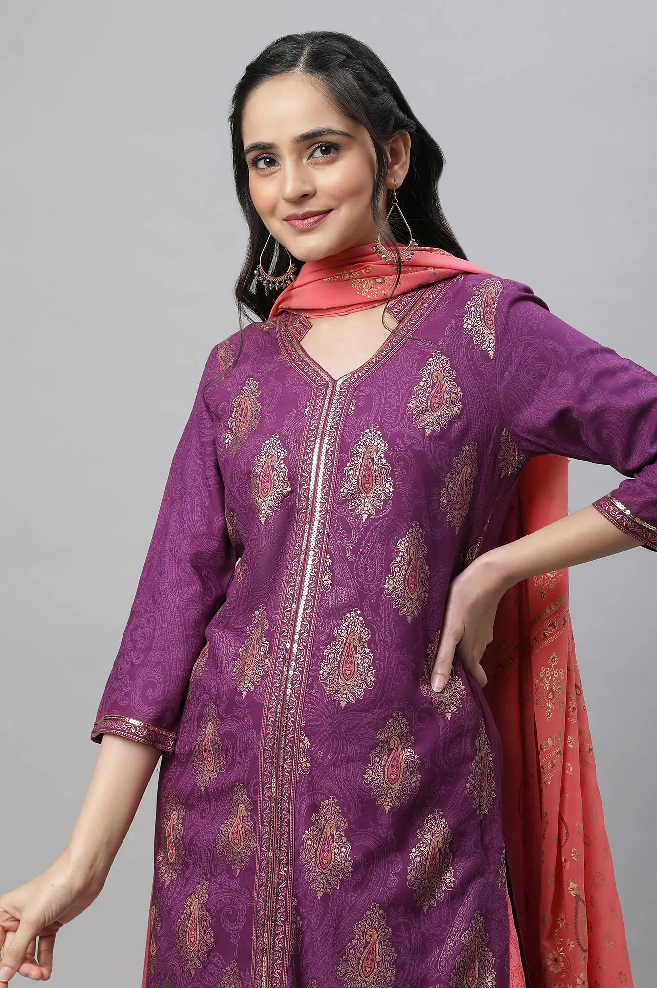 Purple Festive Printed Kurta, Culottes & Dupatta Set