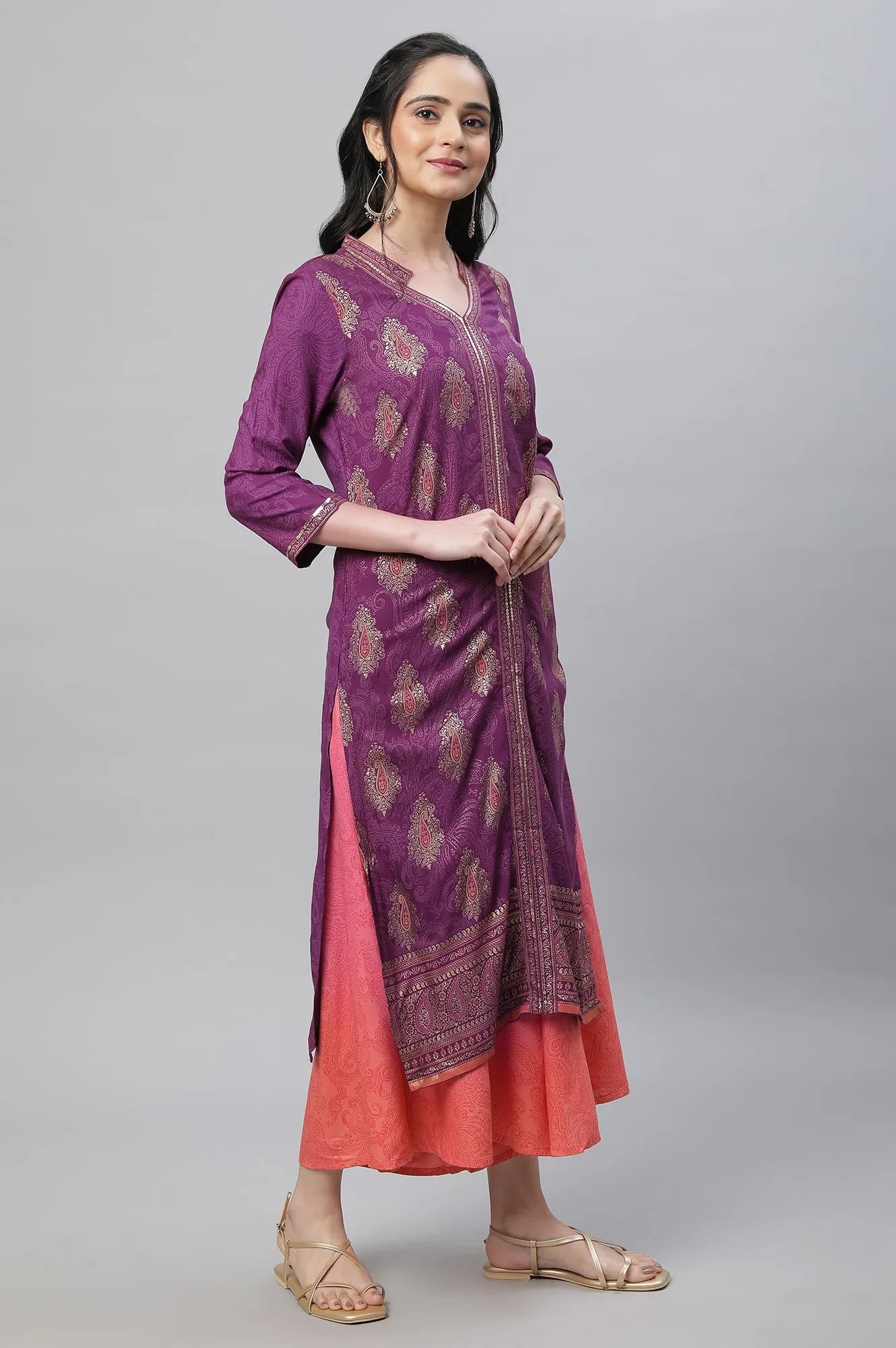 Purple Festive Printed Kurta, Culottes & Dupatta Set