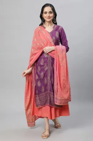 Purple Festive Printed Kurta, Culottes & Dupatta Set