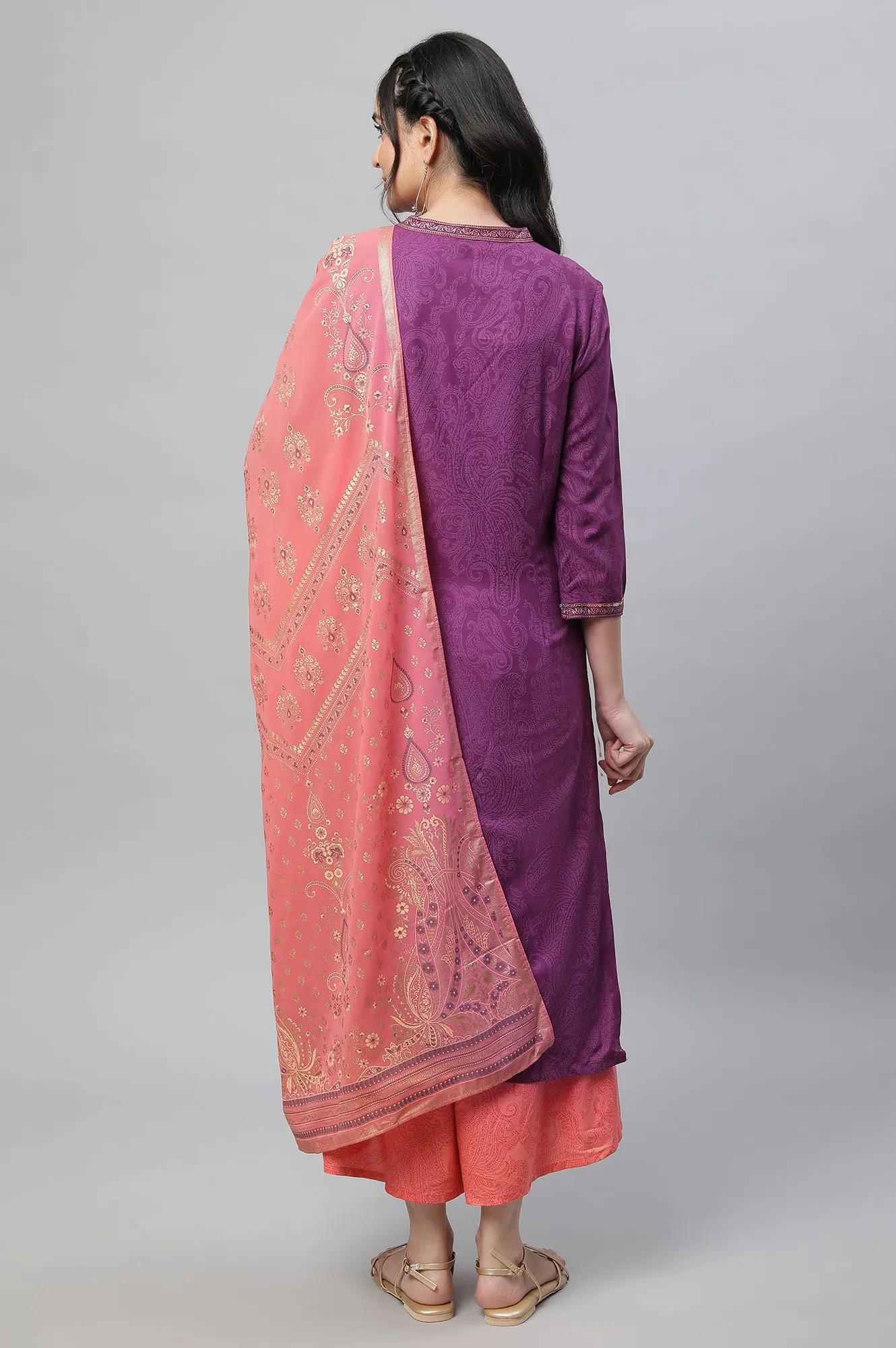 Purple Festive Printed Kurta, Culottes & Dupatta Set