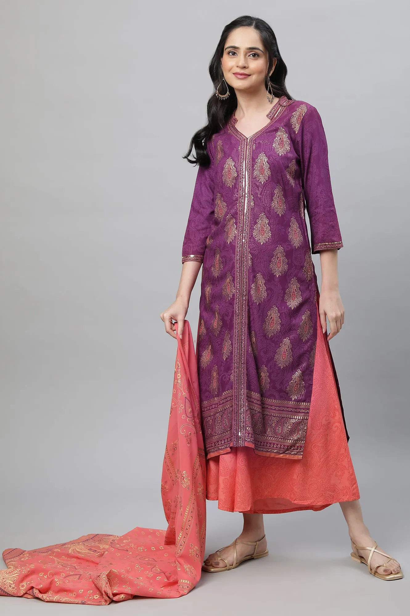 Purple Festive Printed Kurta, Culottes & Dupatta Set