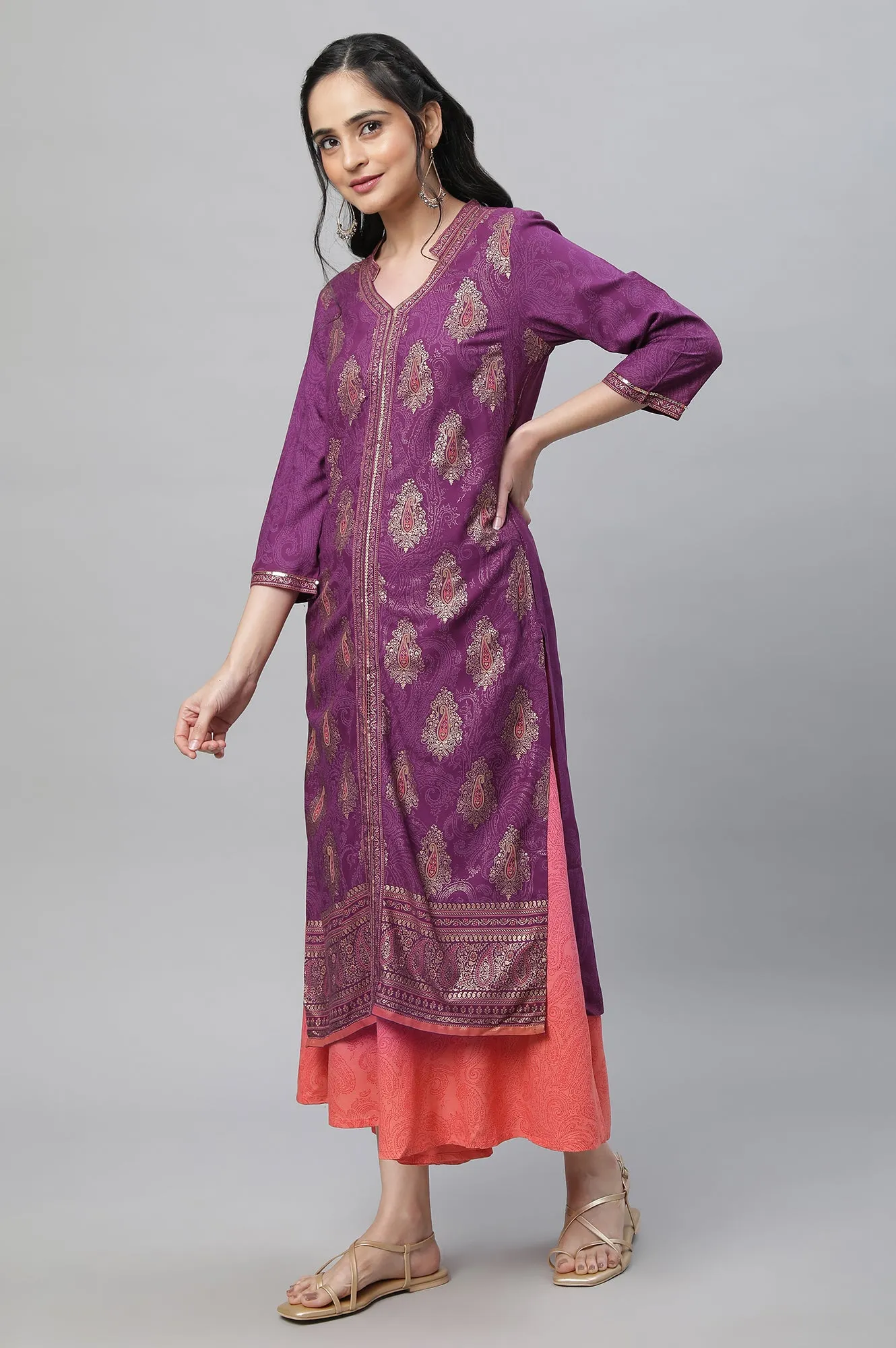 Purple Festive Printed Kurta, Culottes & Dupatta Set