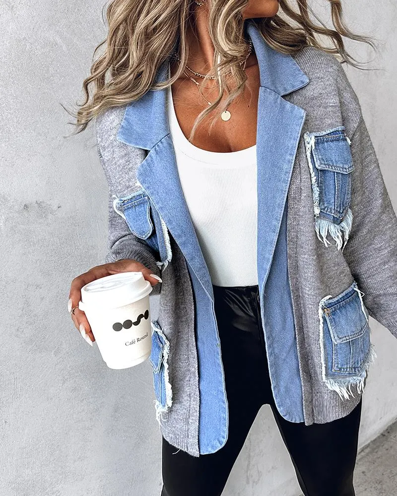 Raw Hem Patchwork Notched Collar Cardigan