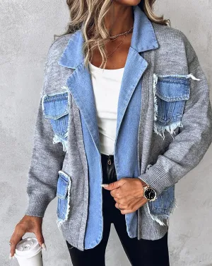 Raw Hem Patchwork Notched Collar Cardigan