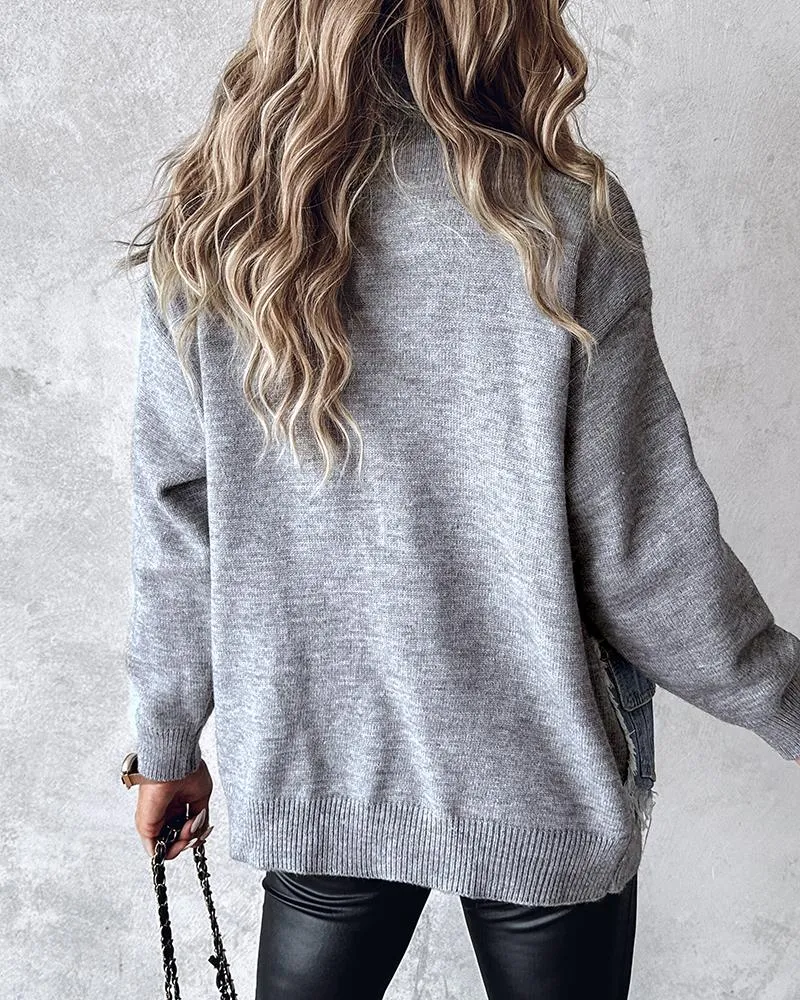 Raw Hem Patchwork Notched Collar Cardigan