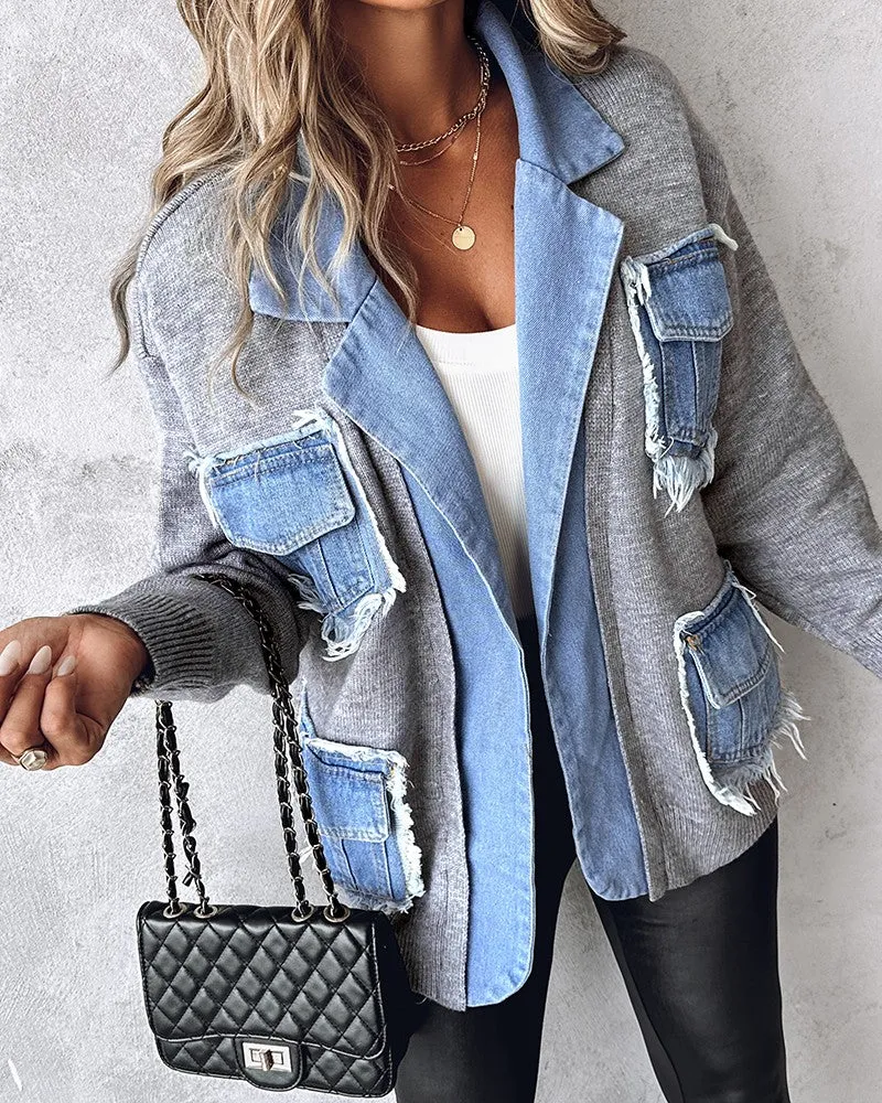 Raw Hem Patchwork Notched Collar Cardigan