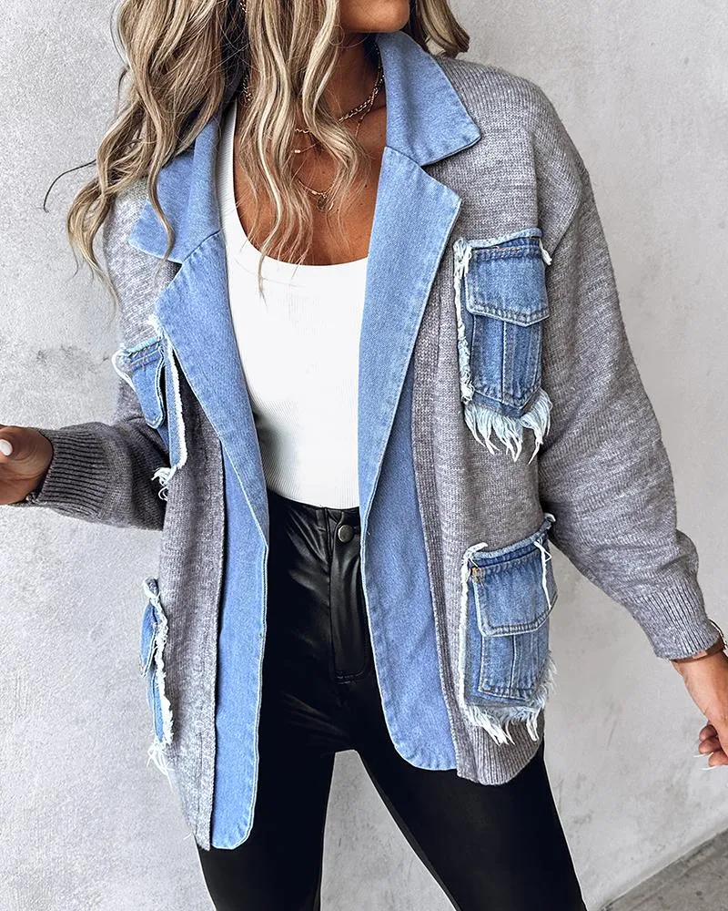 Raw Hem Patchwork Notched Collar Cardigan