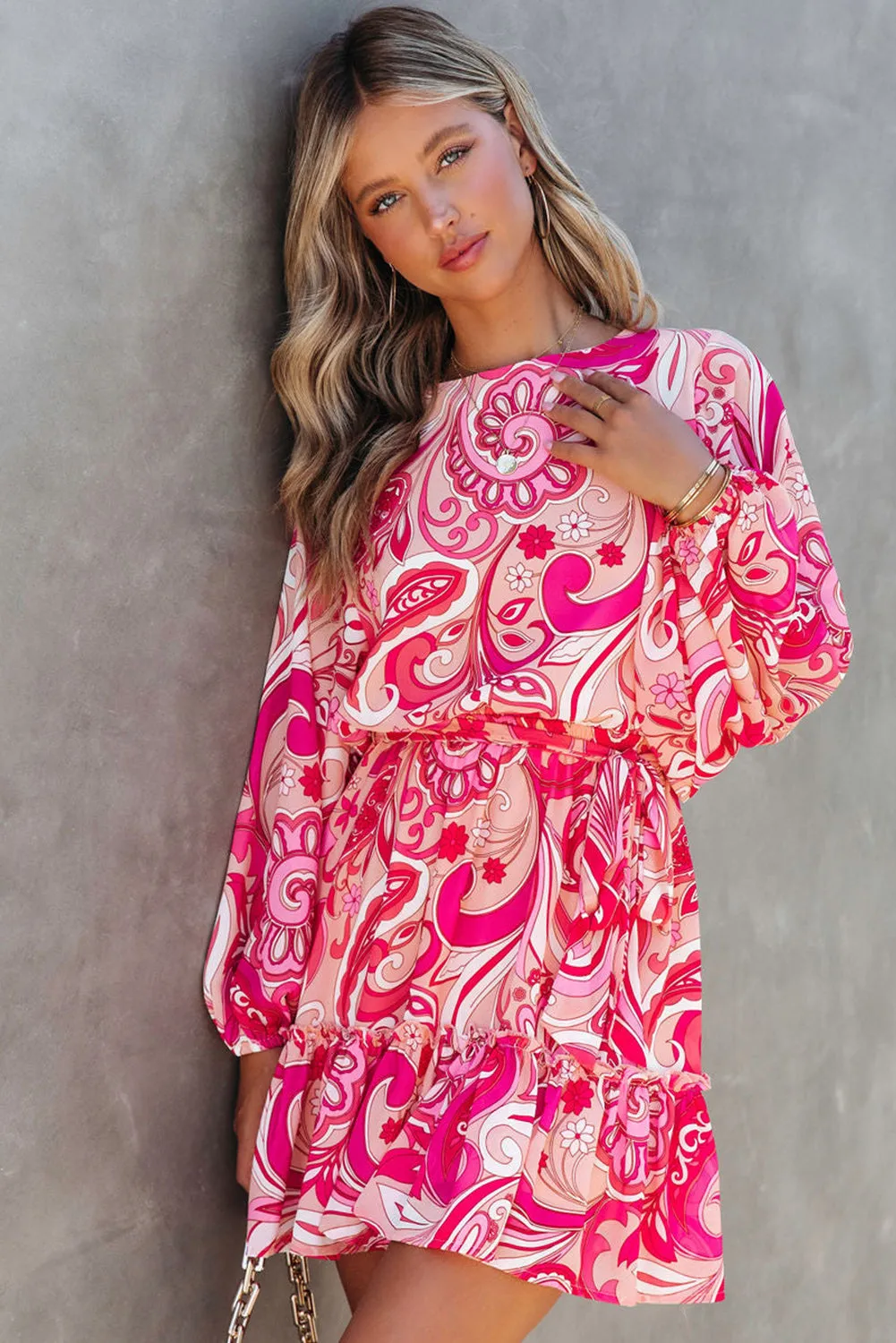 Red Paisley Printed Button Keyhole Back Belted Mini Dress