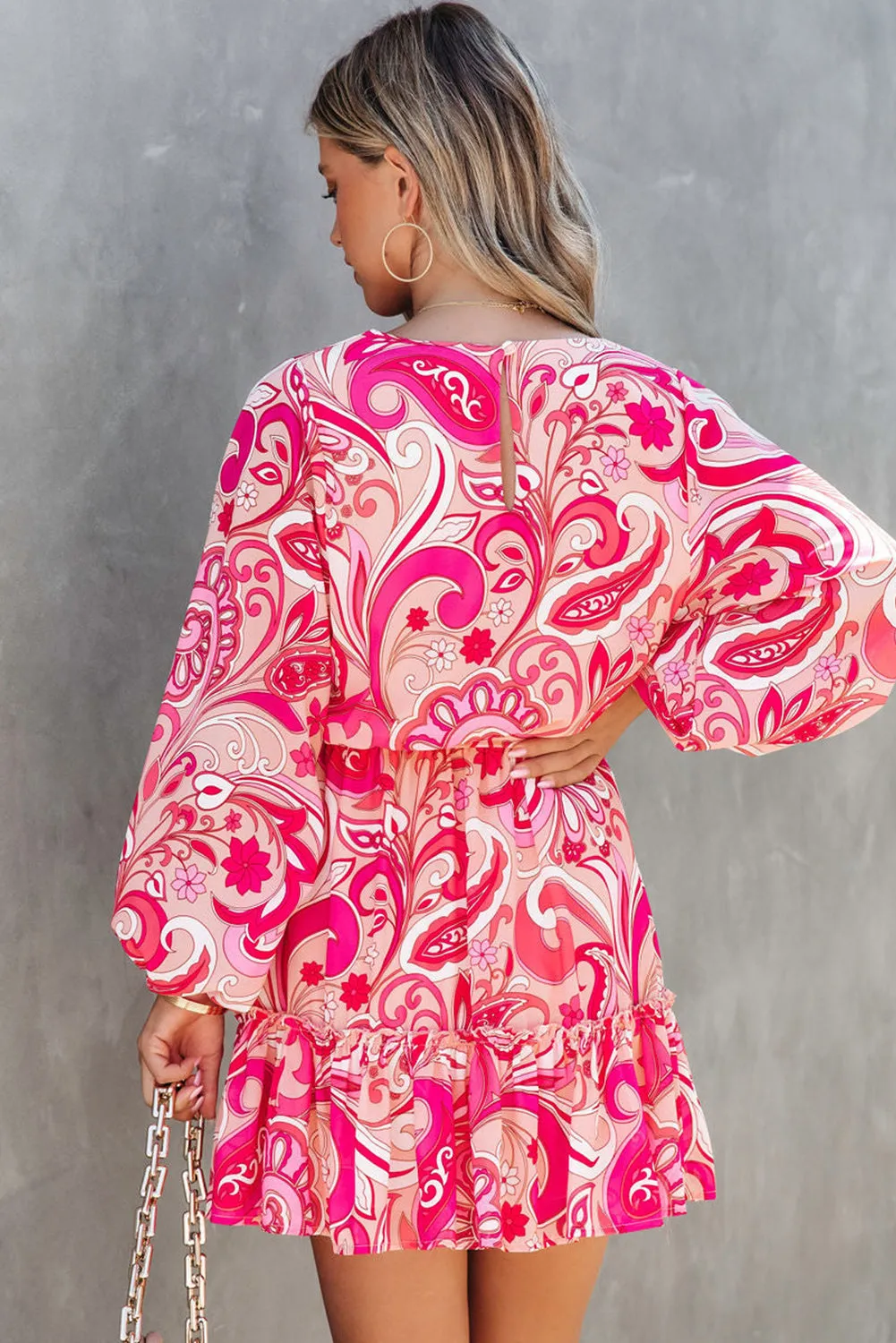 Red Paisley Printed Button Keyhole Back Belted Mini Dress