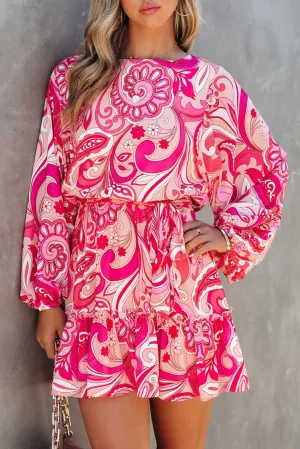 Red Paisley Printed Button Keyhole Back Belted Mini Dress