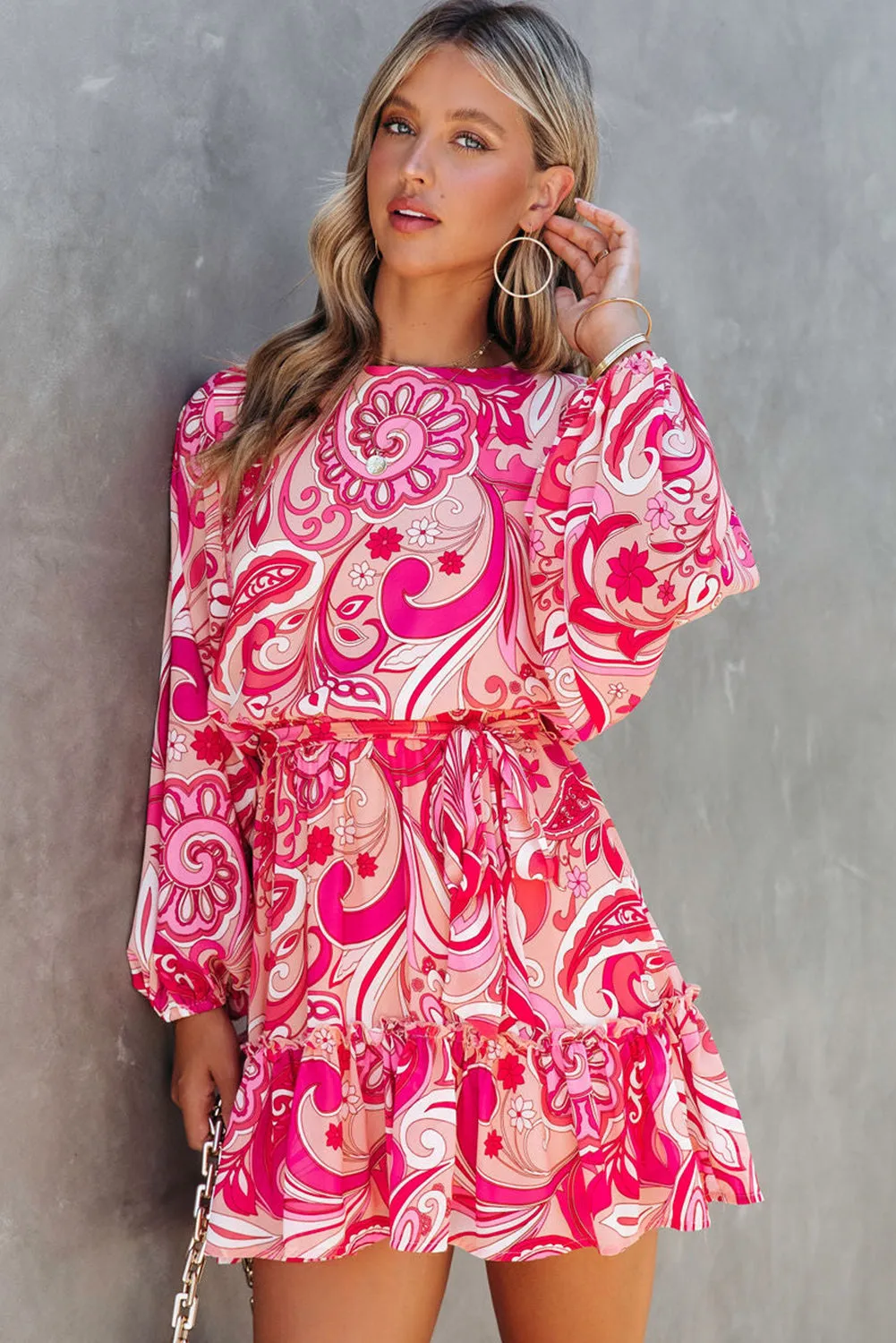Red Paisley Printed Button Keyhole Back Belted Mini Dress