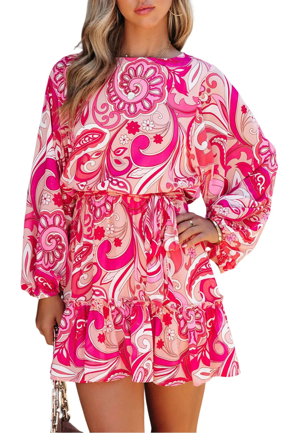 Red Paisley Printed Button Keyhole Back Belted Mini Dress