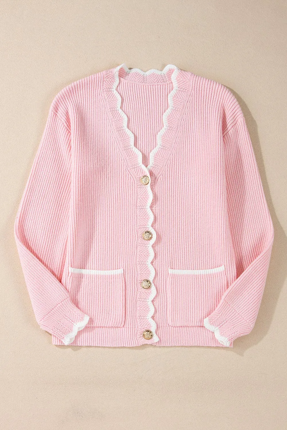 Ribbed Knit Scalloped Edge Side Pockets Buttoned Cardigan