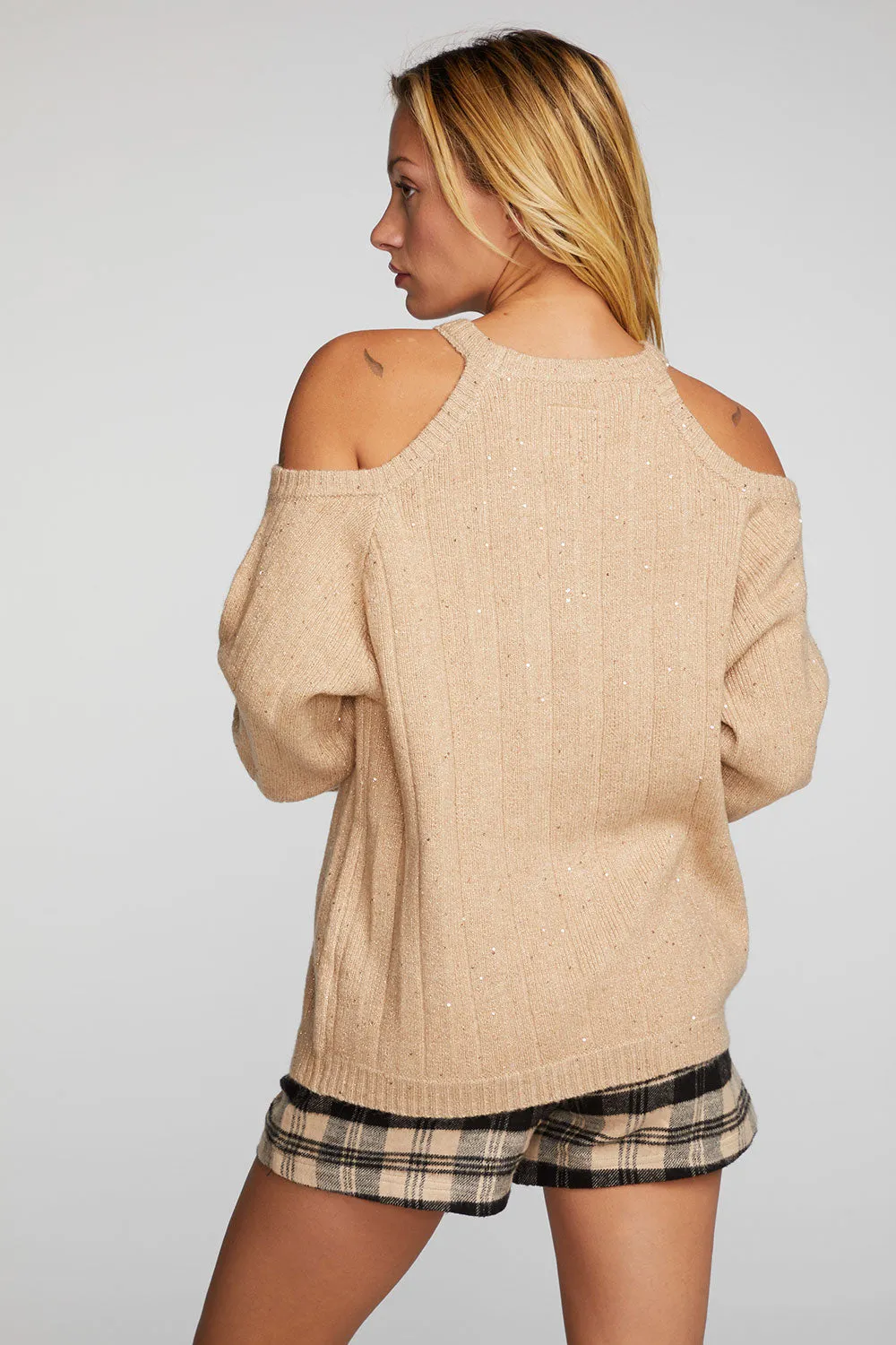 Sequin Knit Cold Shoulder Sweater