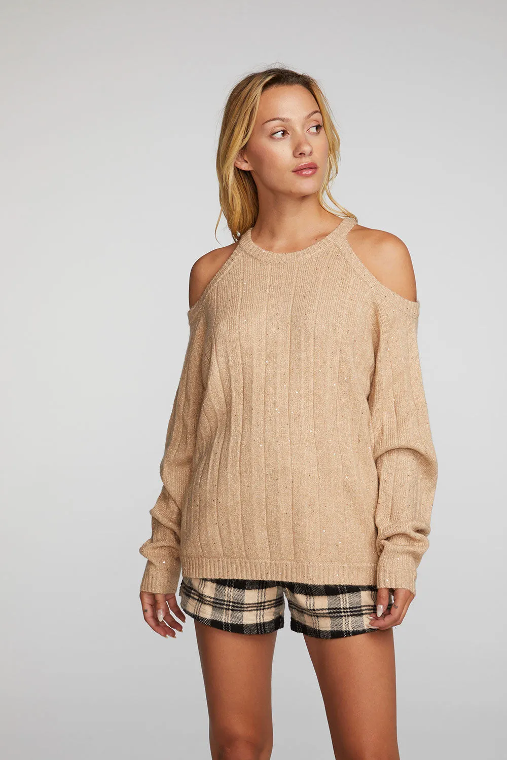 Sequin Knit Cold Shoulder Sweater