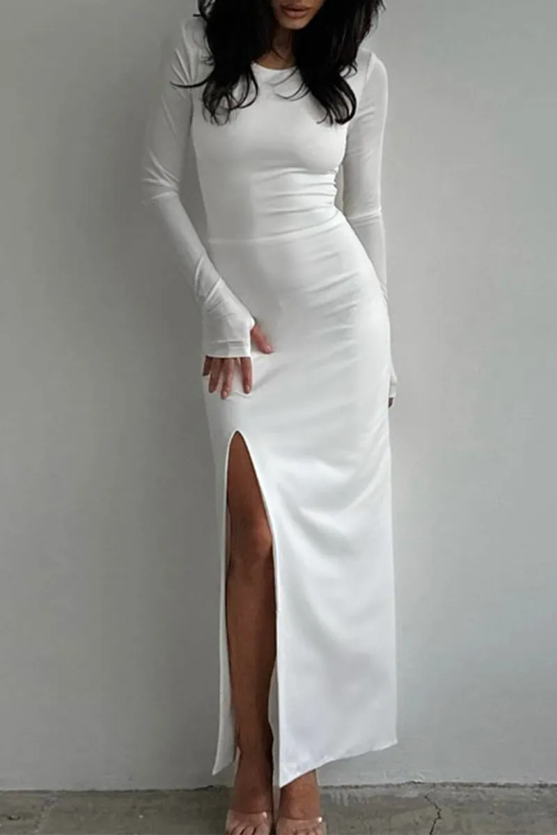 Sexy Backless Slit Strap Design O Neck Long Sleeve Dresses