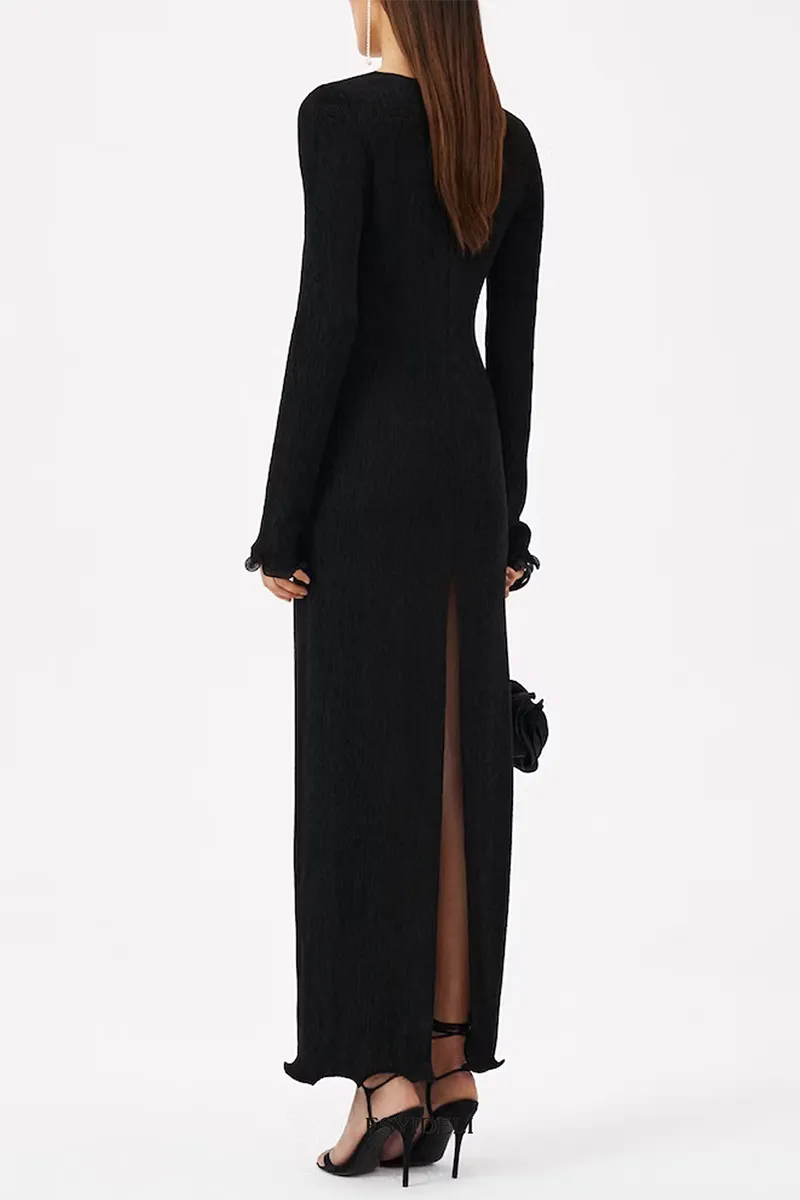 Sexy Solid Color Slit Flower Shape V Neck Long Sleeve Dresses