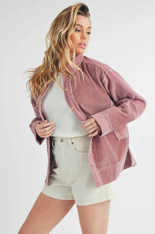 Side Slit Exposed Seam Button Up Corduroy Jacket