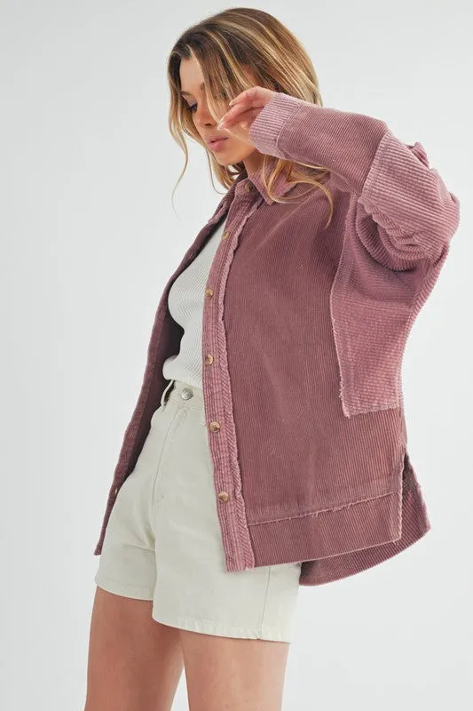 Side Slit Exposed Seam Button Up Corduroy Jacket
