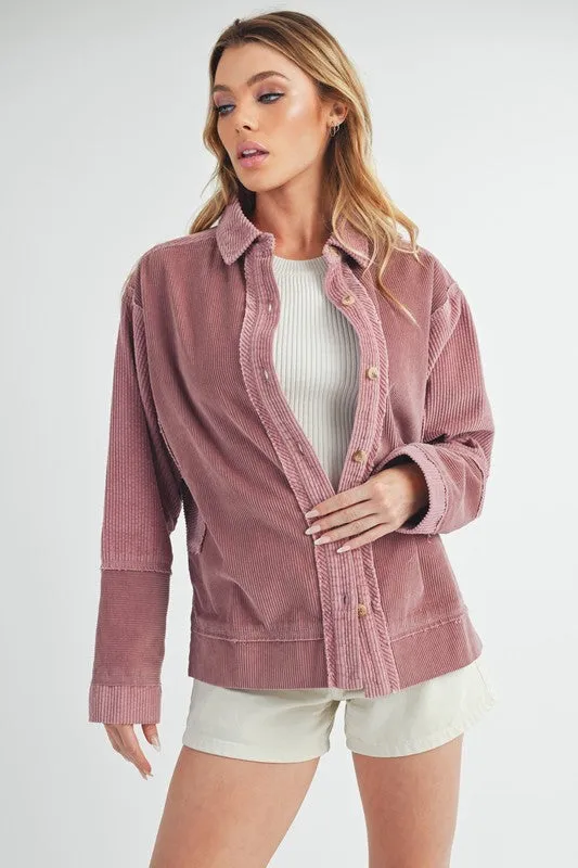 Side Slit Exposed Seam Button Up Corduroy Jacket