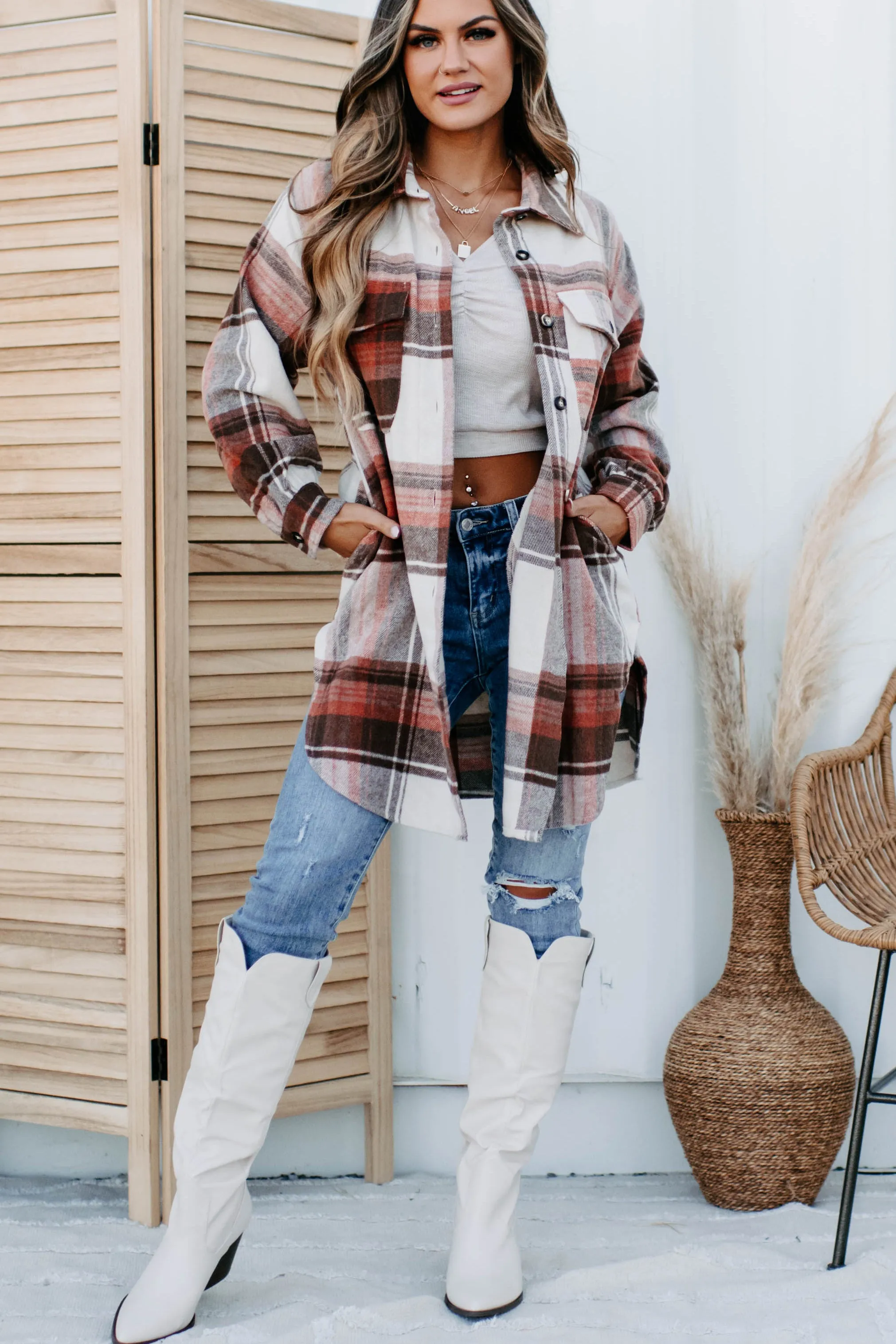 Sienne Knee Length Plaid Shacket (Rust)