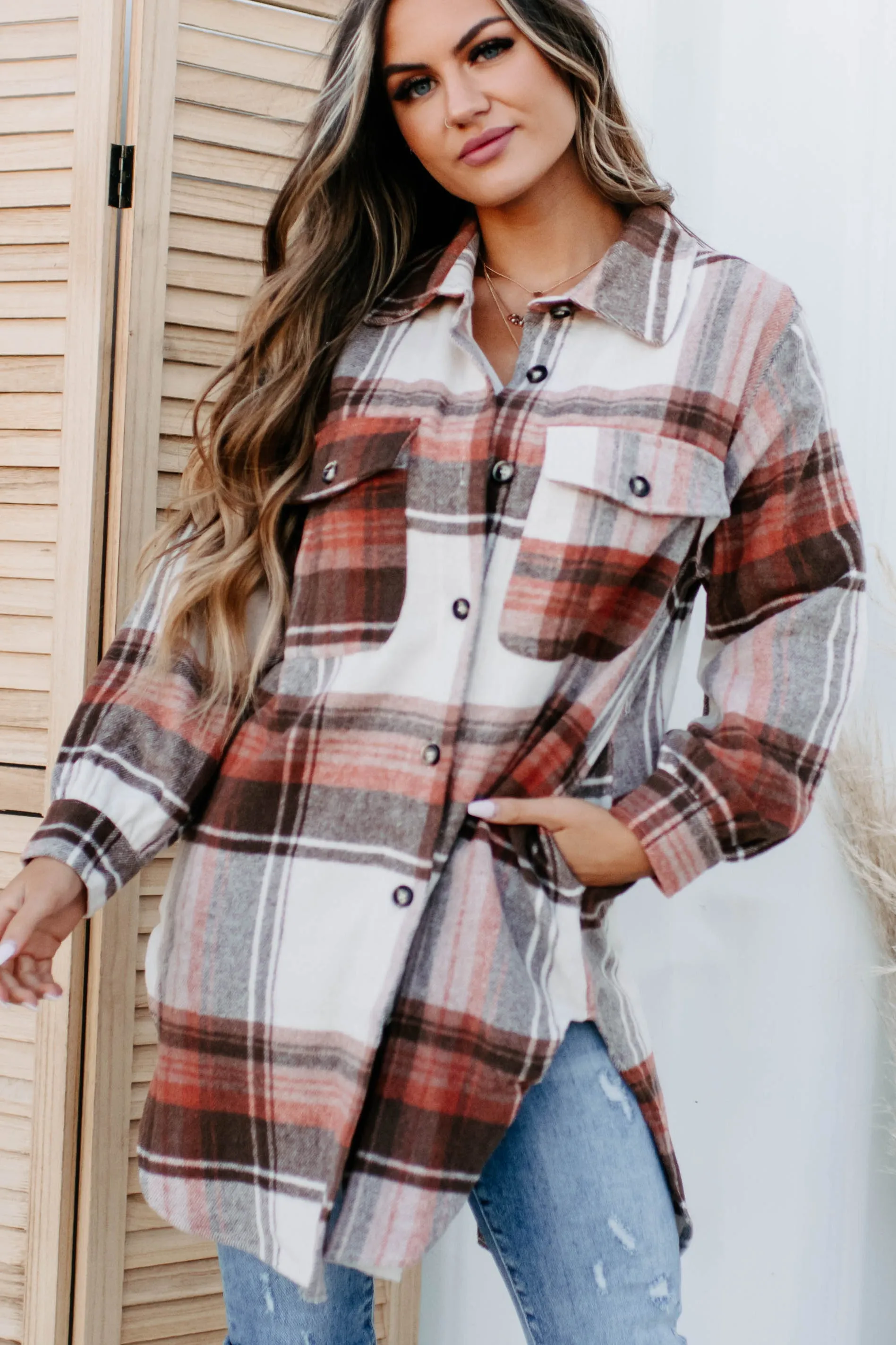 Sienne Knee Length Plaid Shacket (Rust)