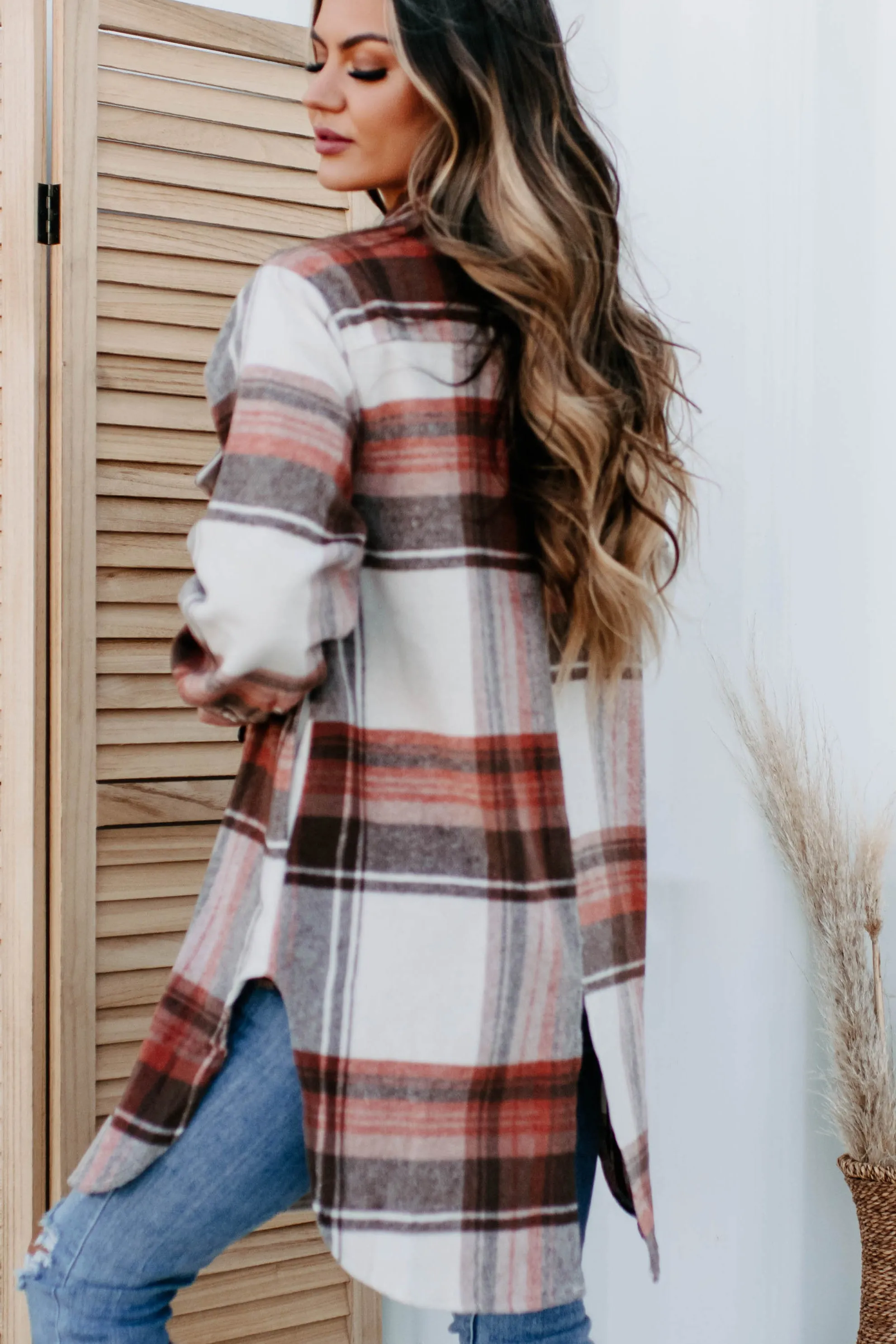Sienne Knee Length Plaid Shacket (Rust)