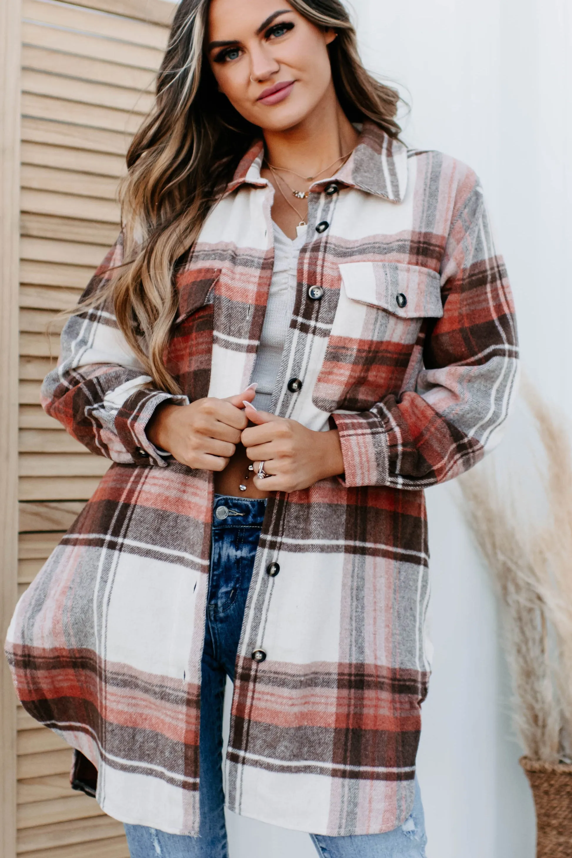 Sienne Knee Length Plaid Shacket (Rust)