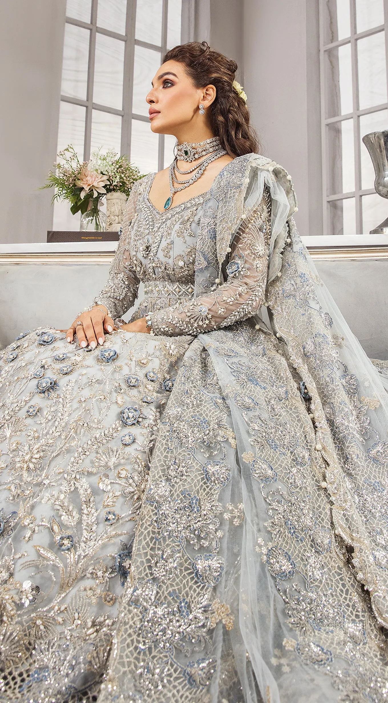 Silver Grey Lehenga Gown for Pakistani Bridal Wear