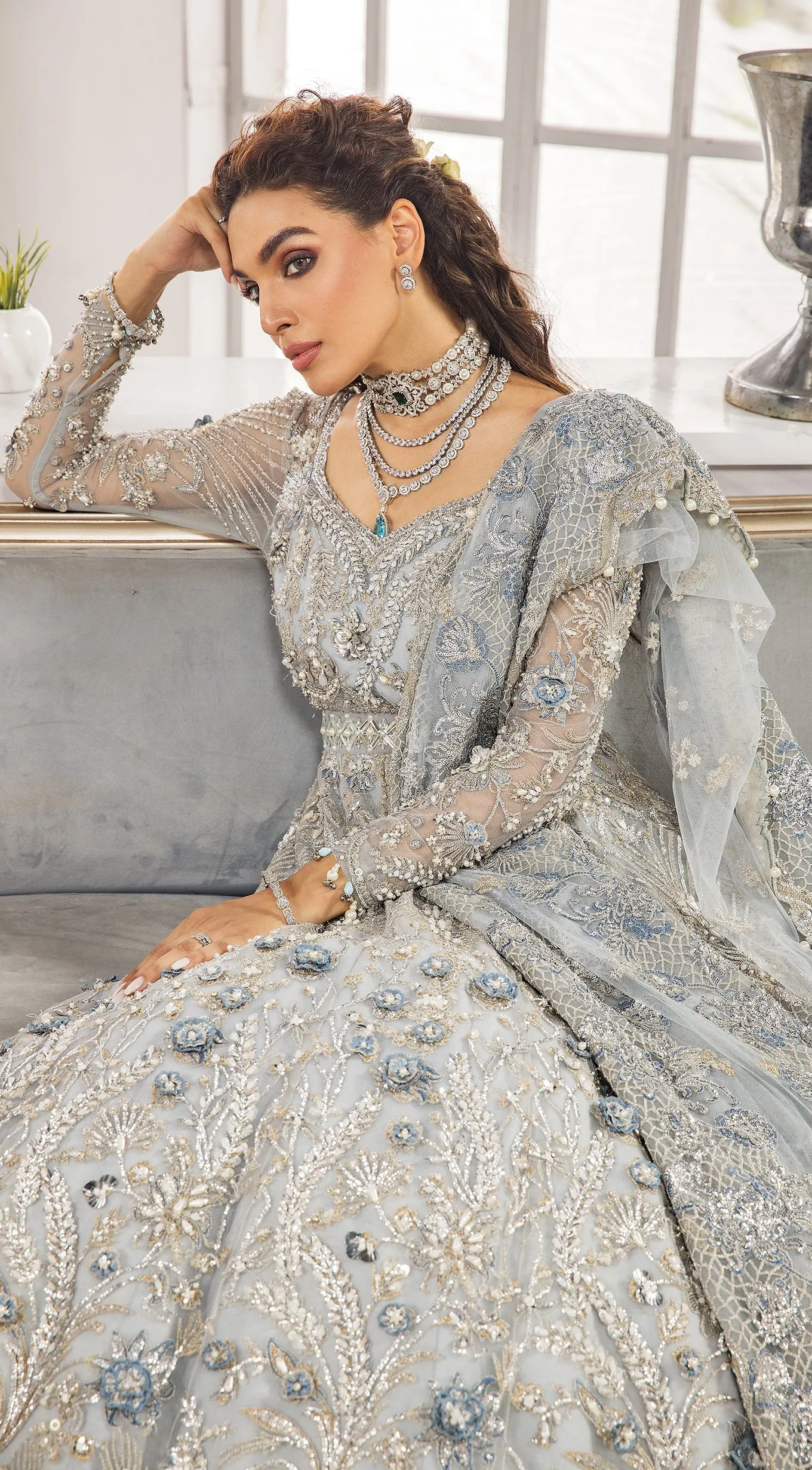 Silver Grey Lehenga Gown for Pakistani Bridal Wear