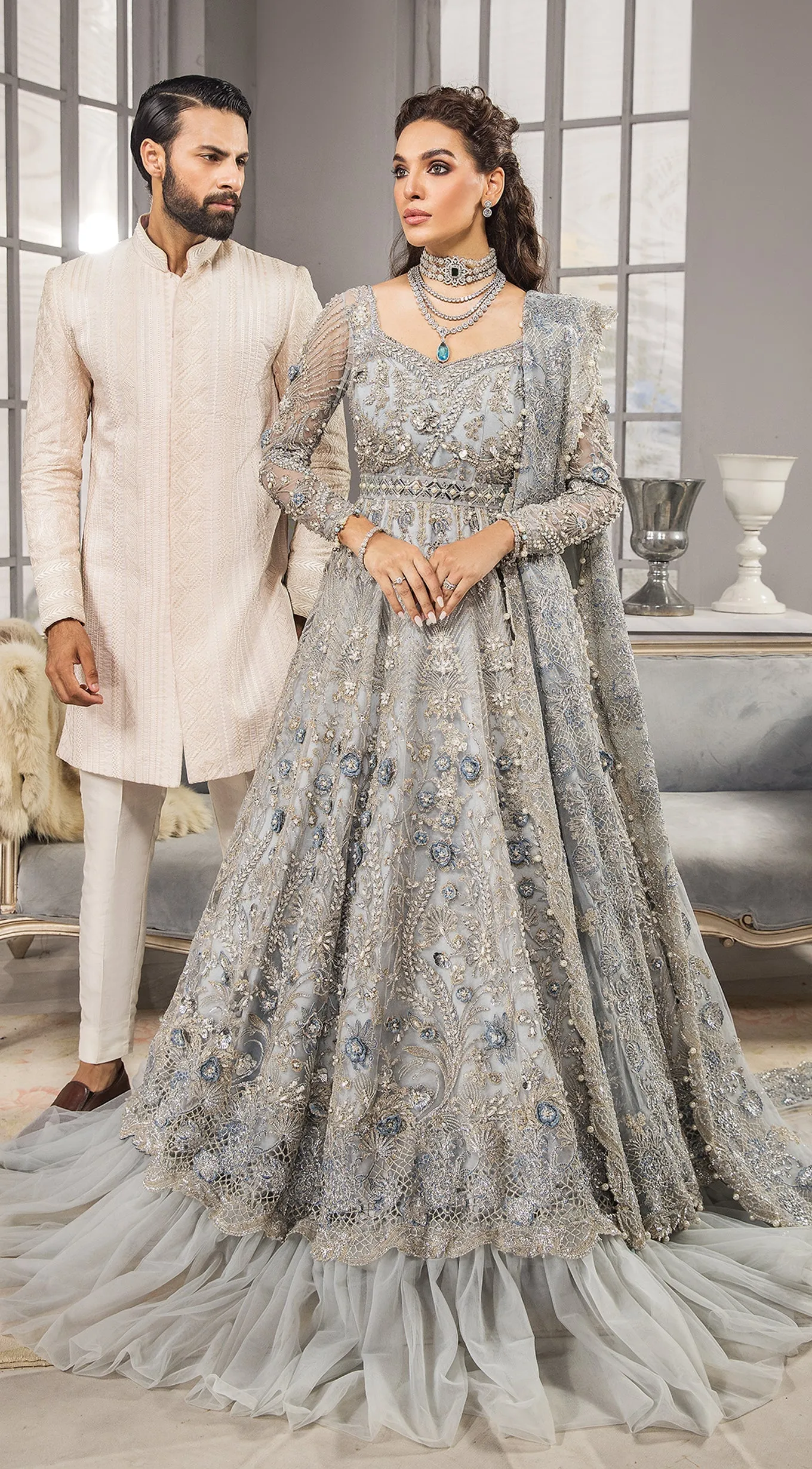 Silver Grey Lehenga Gown for Pakistani Bridal Wear
