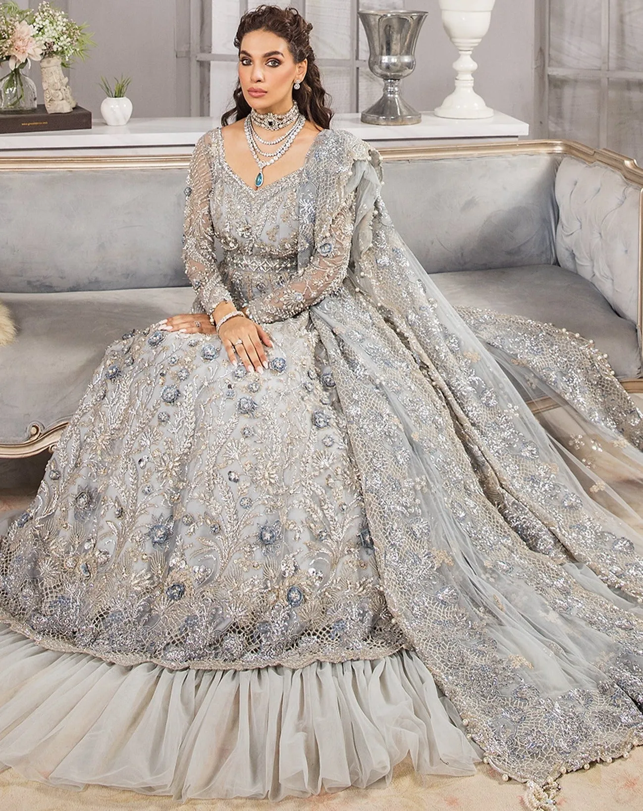 Silver Grey Lehenga Gown for Pakistani Bridal Wear