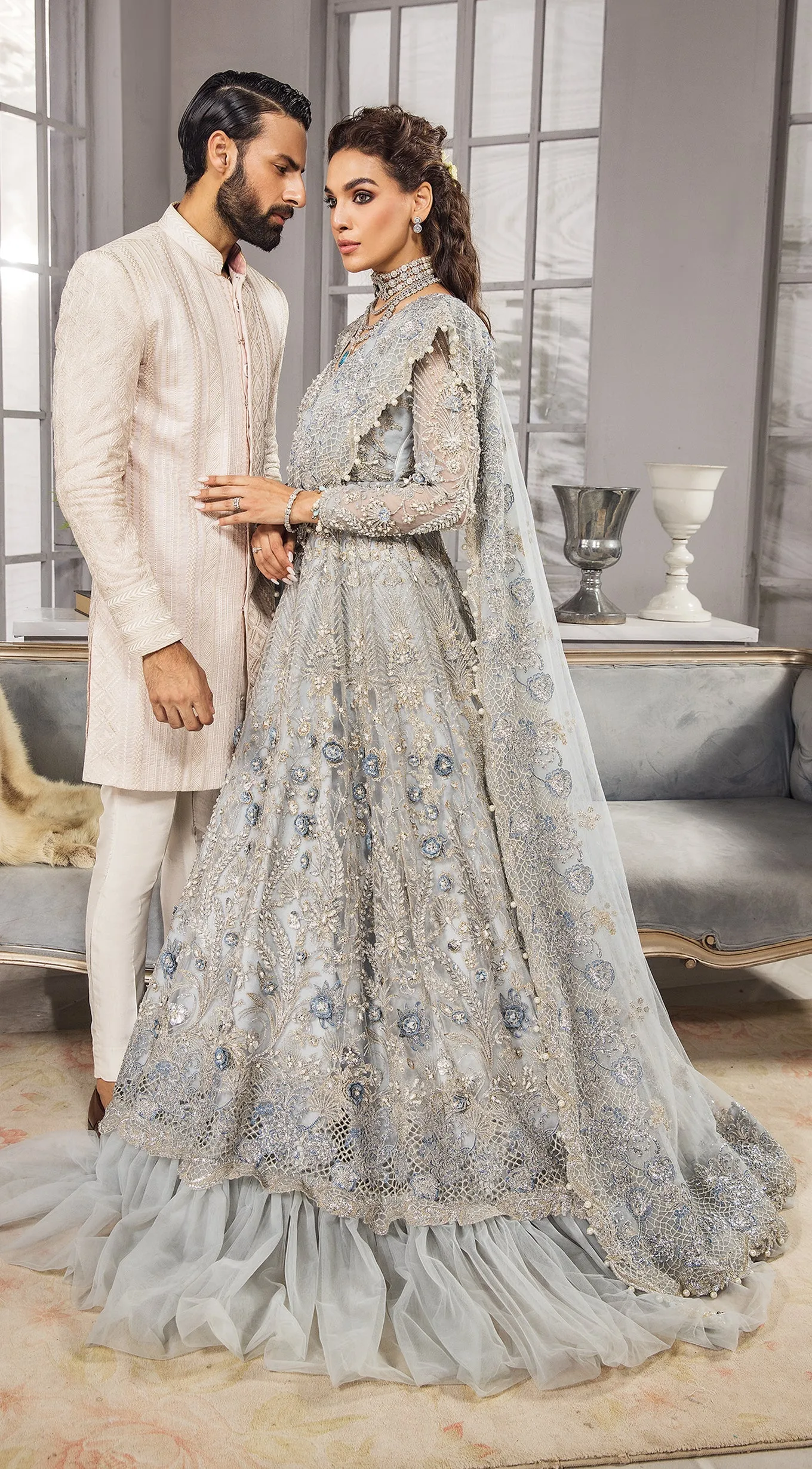 Silver Grey Lehenga Gown for Pakistani Bridal Wear