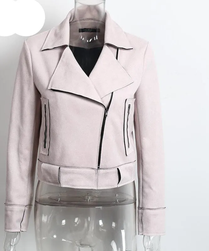 Simplee Apparel Zipper basic suede jacket coat motorcycle leather jacket Women outwear Pink belted short winter jackets