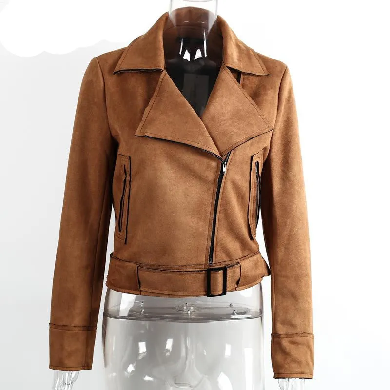 Simplee Apparel Zipper basic suede jacket coat motorcycle leather jacket Women outwear Pink belted short winter jackets